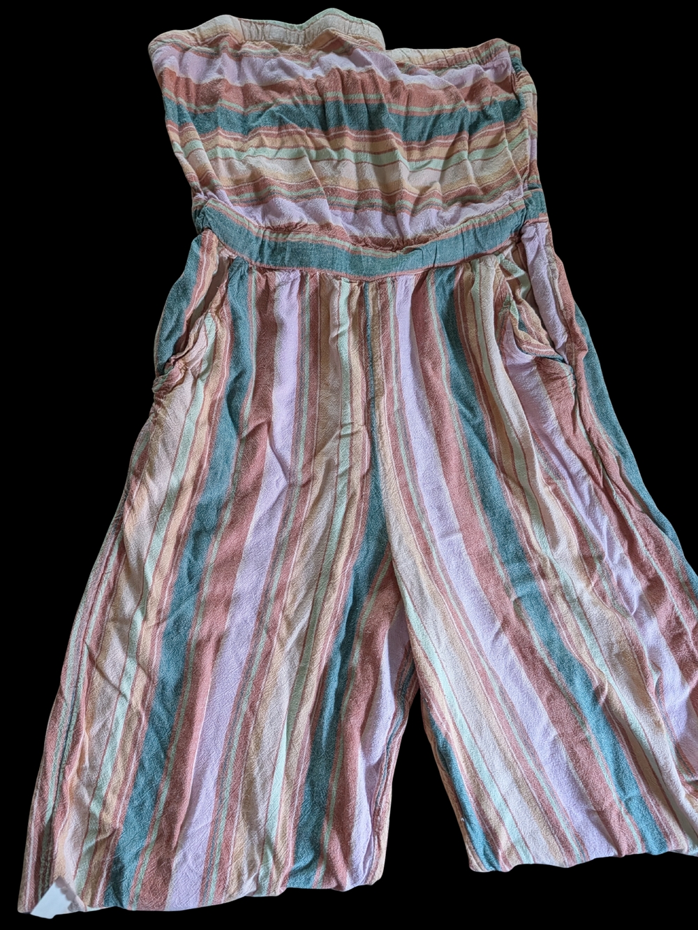 American Eagle Outfitters Pastel Striped Strapless Wide-Leg Jumpsuit